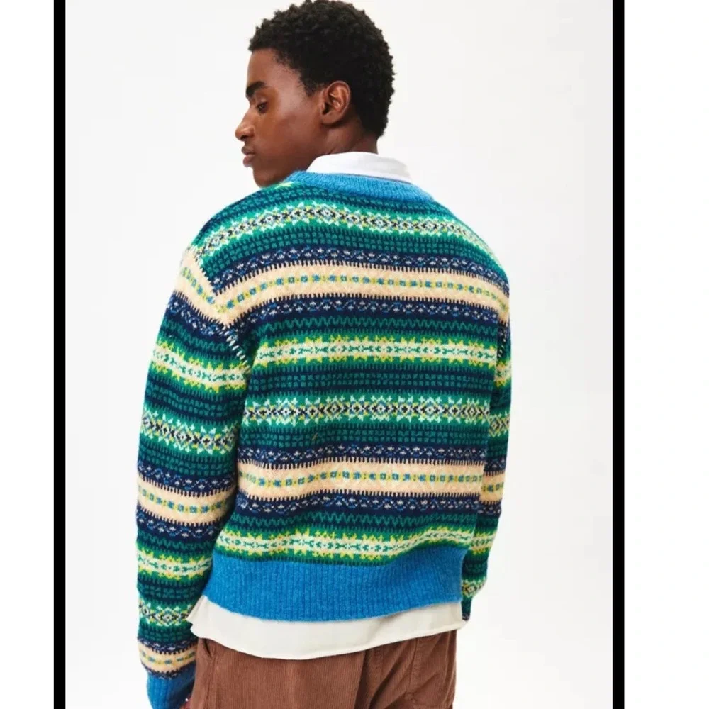 NEW Urban Outfitters Mens Fair Isle Sweater Blue Green Multi Fuzzy Knit Medium